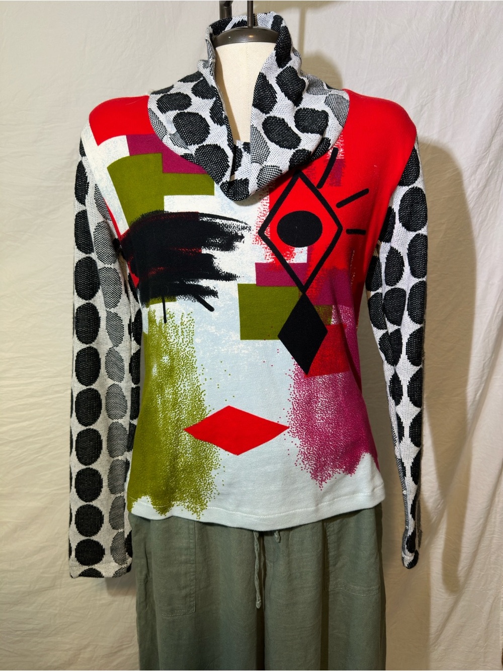Paramita Abstract Geometric Art Print Cowl Neck Cotton Sweater - Multicolor